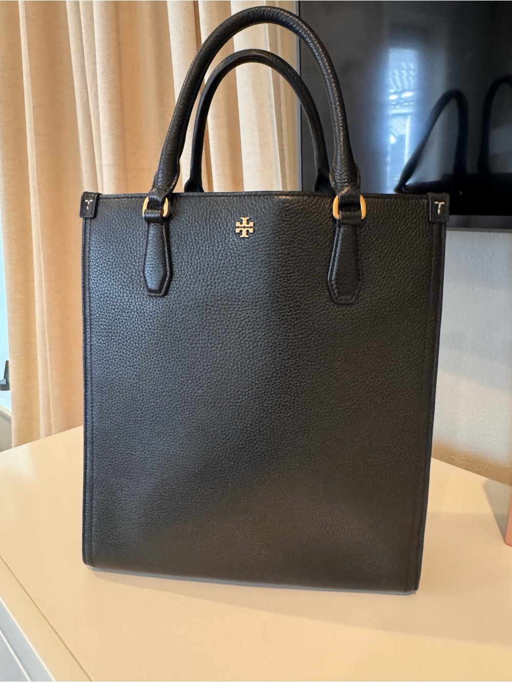 Tory Burch Black Pebbled Leather Vertical purse/laptop/briefcase bag